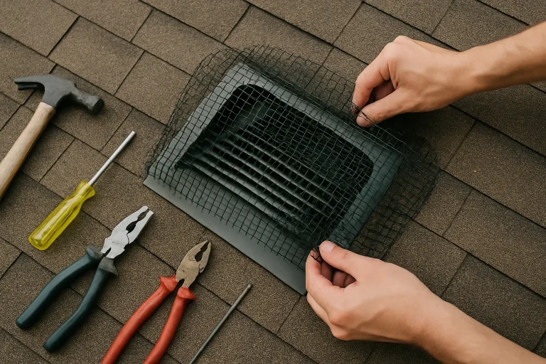 Des mains installent un filet de protection sur une grille de ventilation sur un toit.