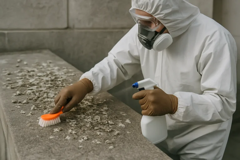 Technicien en train de nettoyer des fientes de pigeon sur une surface en pierre avec des outils spécialisés
