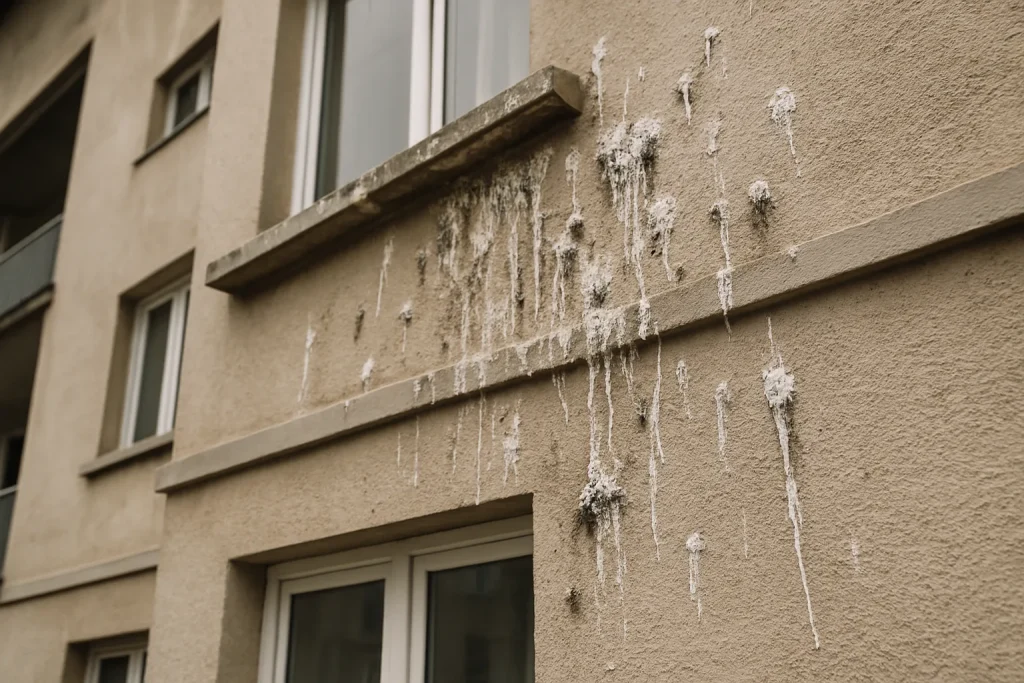 Façade d'un bâtiment résidentiel avec des taches de fientes de pigeon, en gros plan, montrant les dommages sur la peinture.