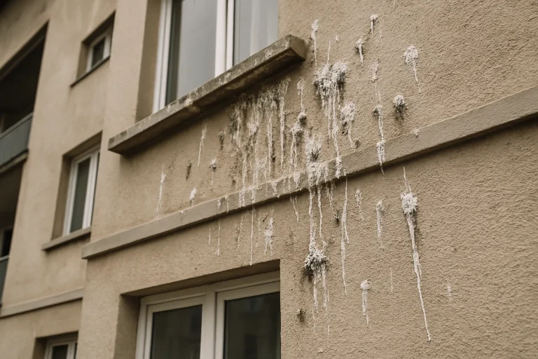 Façade d'un bâtiment résidentiel avec des taches de fientes de pigeon, en gros plan, montrant les dommages sur la peinture.