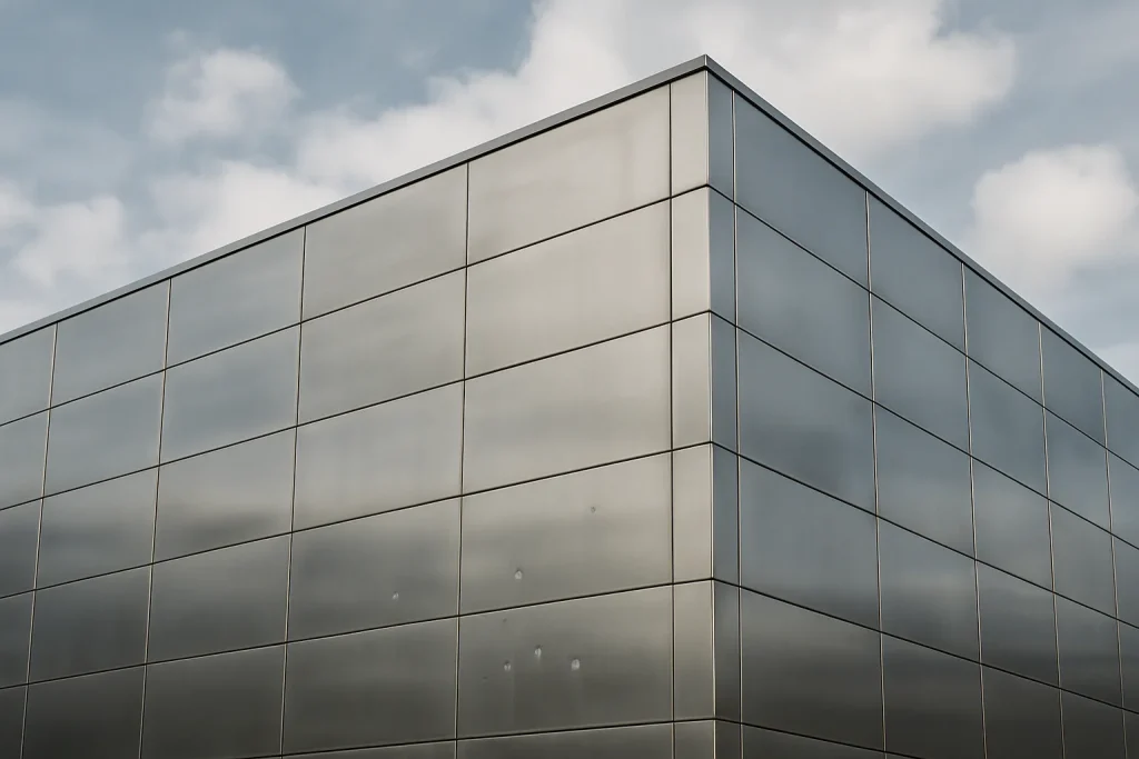 Façade moderne en acier inoxydable avec fientes de pigeon visibles, ciel nuageux