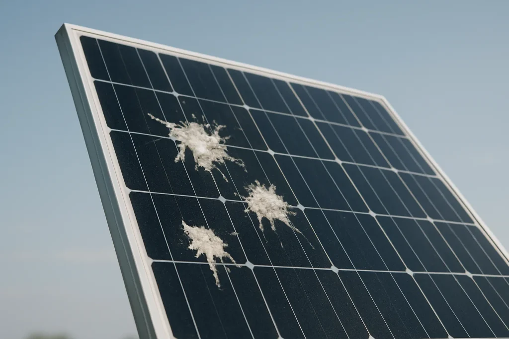 Panneau solaire avec des fientes de pigeon, ciel dégagé en arrière-plan