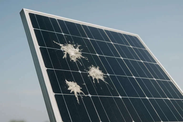 Panneau solaire avec des fientes de pigeon, ciel dégagé en arrière-plan