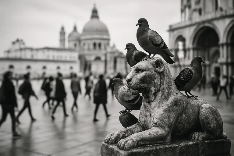 Pigeons posés sur une statue dans un site touristique, passants flous en arrière-plan