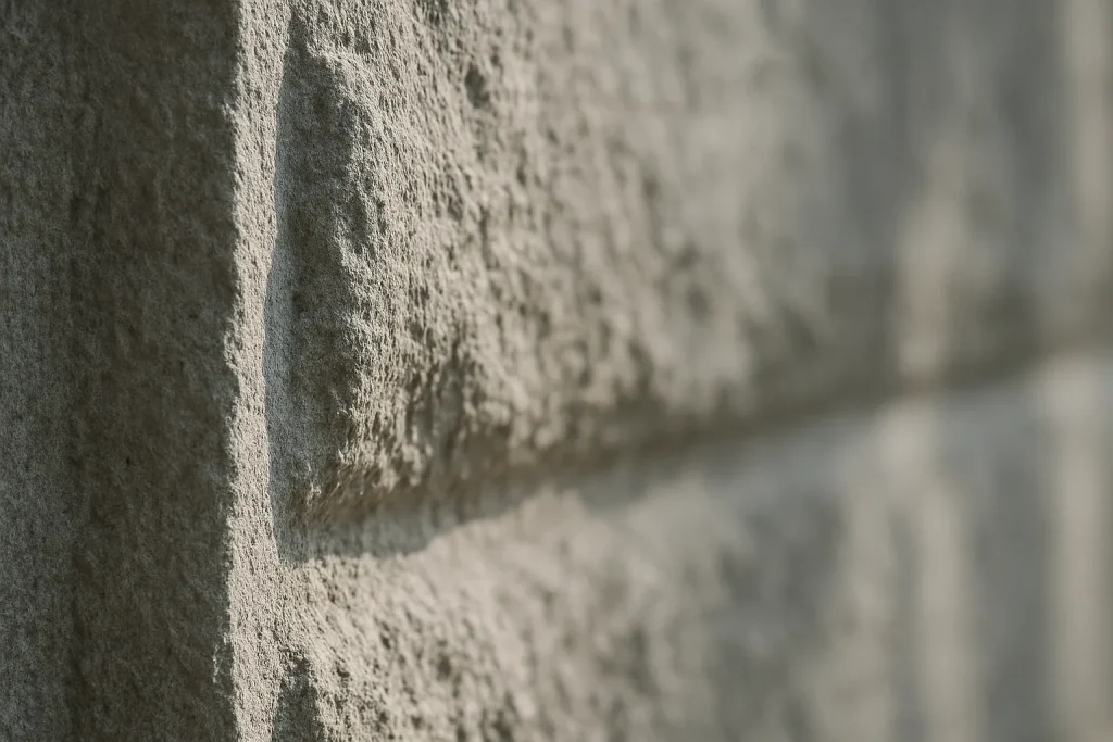 Gros plan d'une surface architecturale en pierre avec texture rugueuse et détails de reliefs.