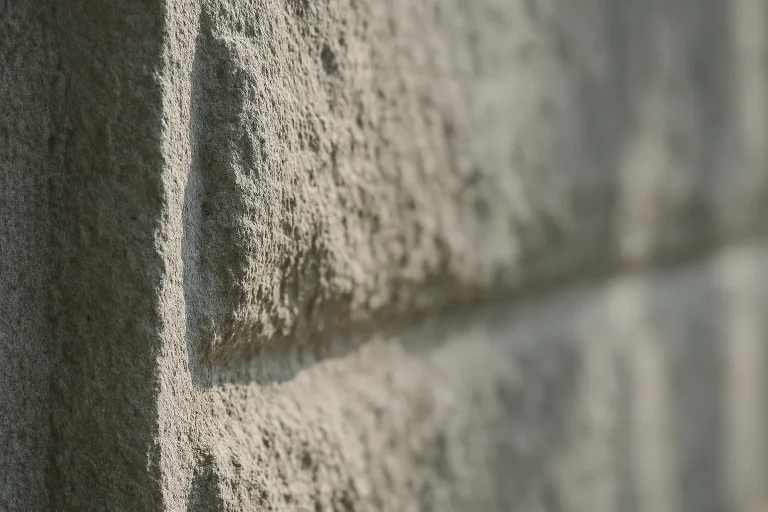 Gros plan d'une surface architecturale en pierre avec texture rugueuse et détails de reliefs.