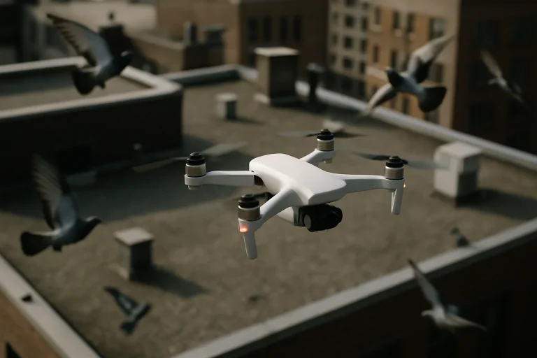 Un drone survole un toit urbain avec des pigeons en vol autour, sous la lumière du jour.
