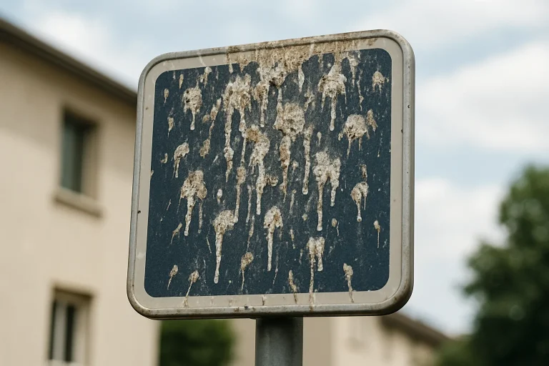 Panneau de signalisation routière avec des fientes de pigeon visibles, en pleine lumière du jour.