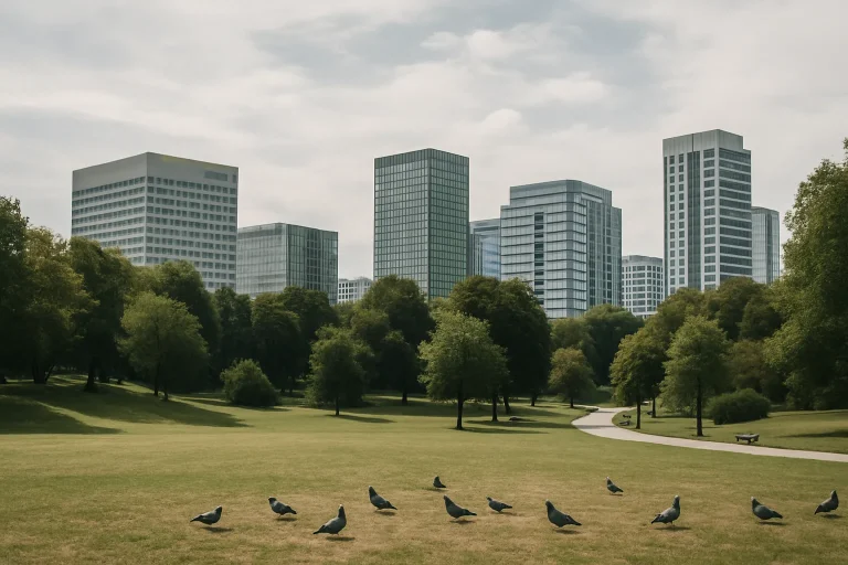 Scène de parc urbain avec pigeons et immeubles modernes en arrière-plan.