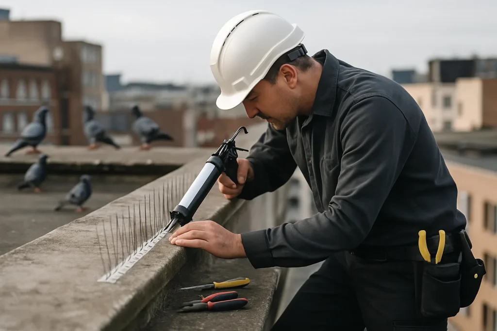 Technicien installant des dispositifs anti-pigeons sur un toit urbain.