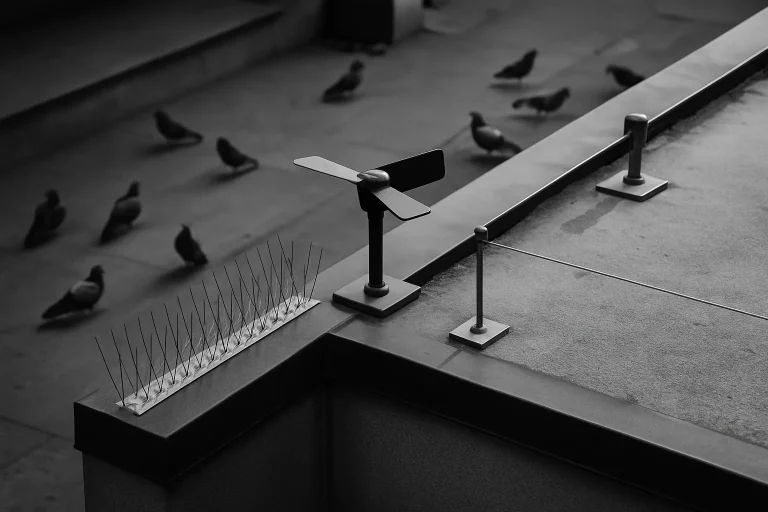 Toit urbain équipé de dispositifs anti-pigeons modernes, contraste en noir et blanc.