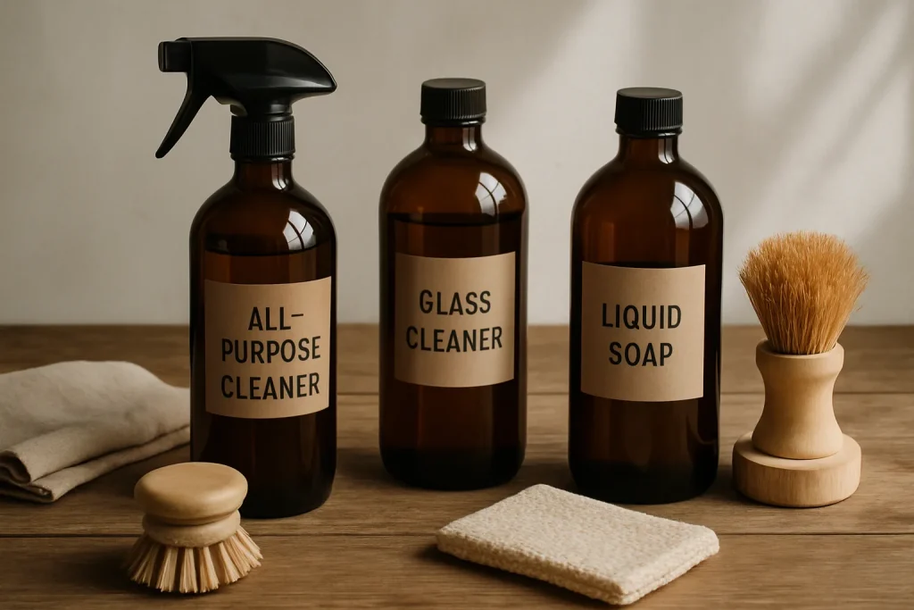 Produits de nettoyage écologiques sur une table en bois, mettant en avant des solutions durables.