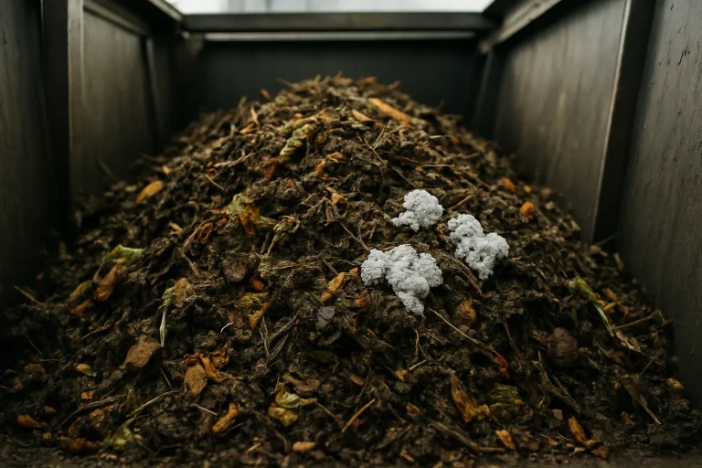 Compostière industrielle avec fientes de pigeon en cours de transformation.