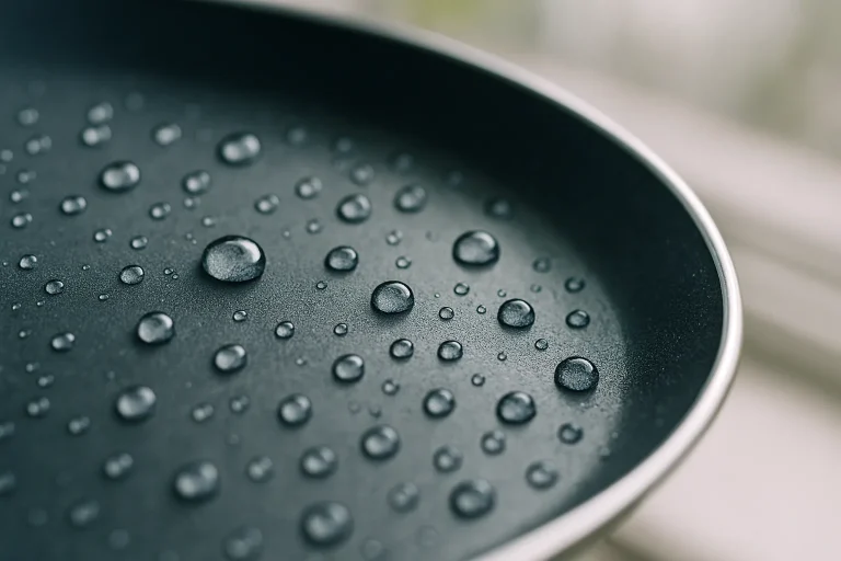 Surface métallique avec revêtement antiadhésif montrant des perles d'eau en gros plan.