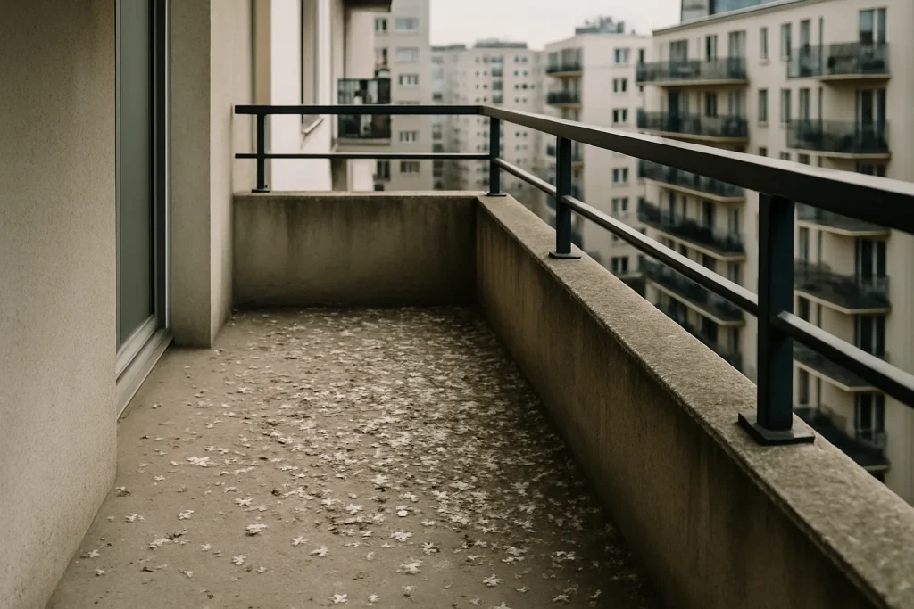 Fientes de pigeon accumulées sur un balcon, immeubles en arrière-plan