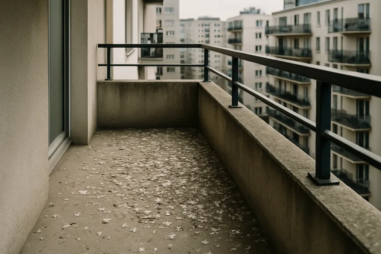 Fientes de pigeon accumulées sur un balcon, immeubles en arrière-plan