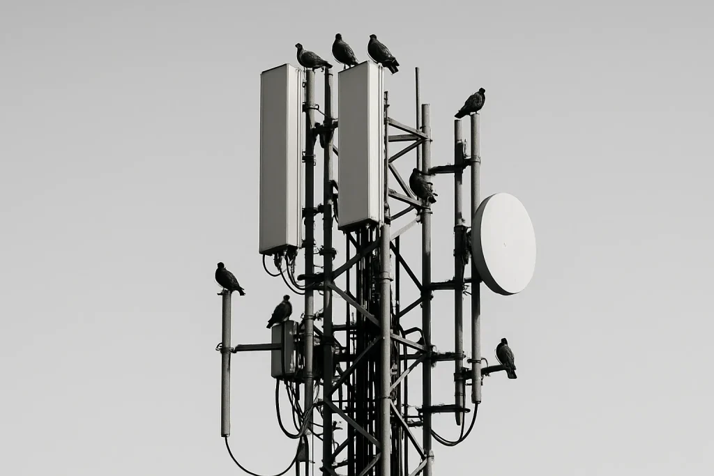 Des pigeons posés sur une antenne de télécommunication en milieu urbain, ciel dégagé.