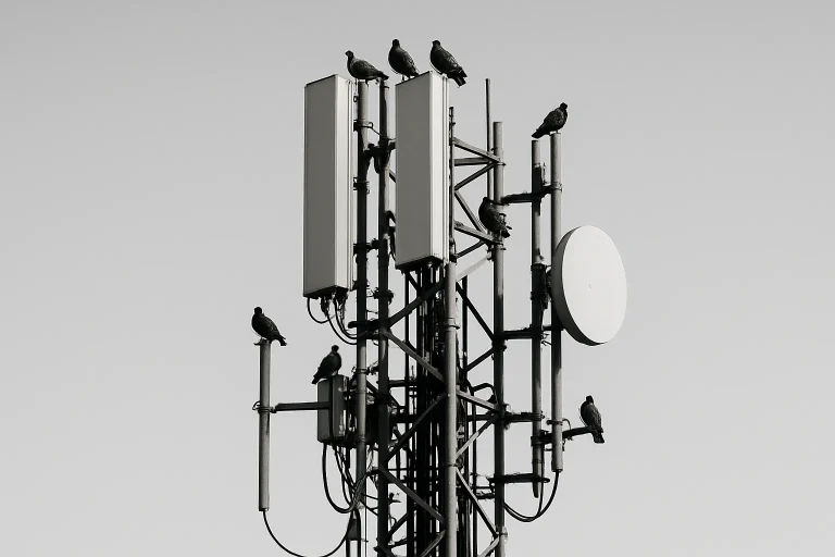 Des pigeons posés sur une antenne de télécommunication en milieu urbain, ciel dégagé.