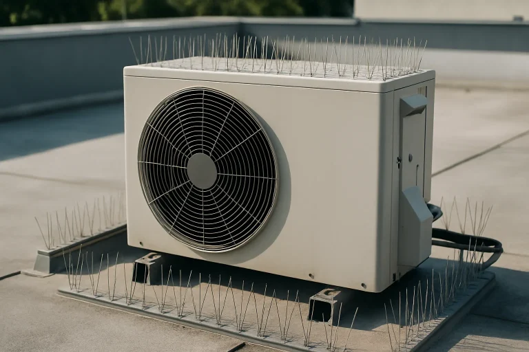 Unité de climatisation sur un toit avec dispositifs anti-pigeons, en plein jour