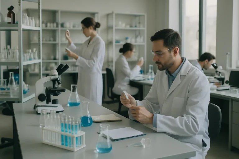Chercheurs en laboratoire analysant des produits anti-fientes de pigeons, instruments scientifiques visibles.