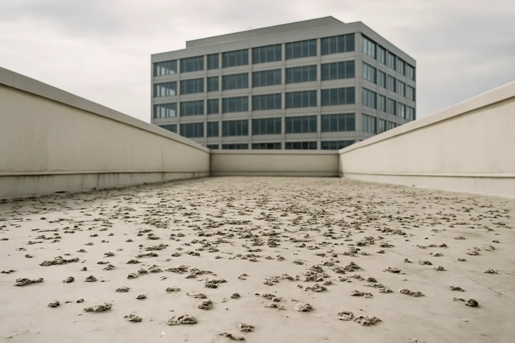 Toit commercial avec fientes de pigeon, bâtiment moderne en arrière-plan