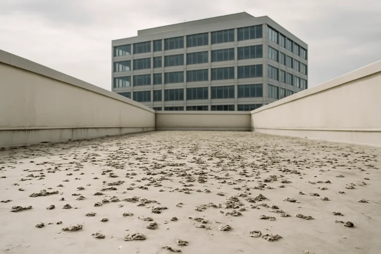 Toit commercial avec fientes de pigeon, bâtiment moderne en arrière-plan