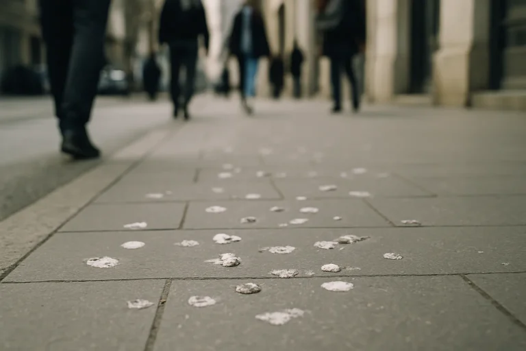 Trottoir urbain jonché de fientes de pigeon, passants flous en arrière-plan.
